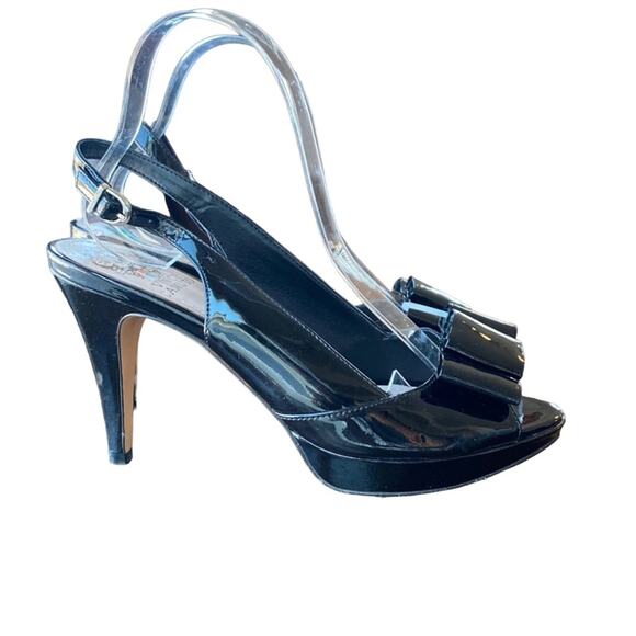 Vince Camuto Ava Black Patent Leather Peep Toe Slingback Pumps size 7.5 bow - Picture 1 of 8